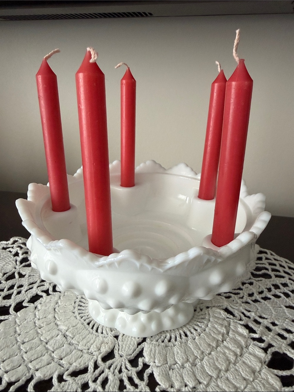Vintage Fenton White Milk Glass Hobnail multi candle Advent Bowl